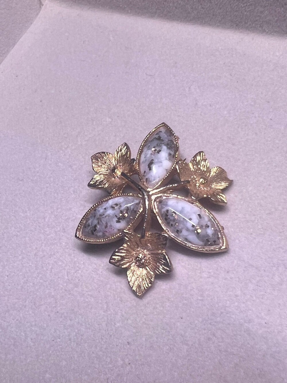 Vintage Gold Tone Floral Brooch with Marquise Stone Inlay Cabochons